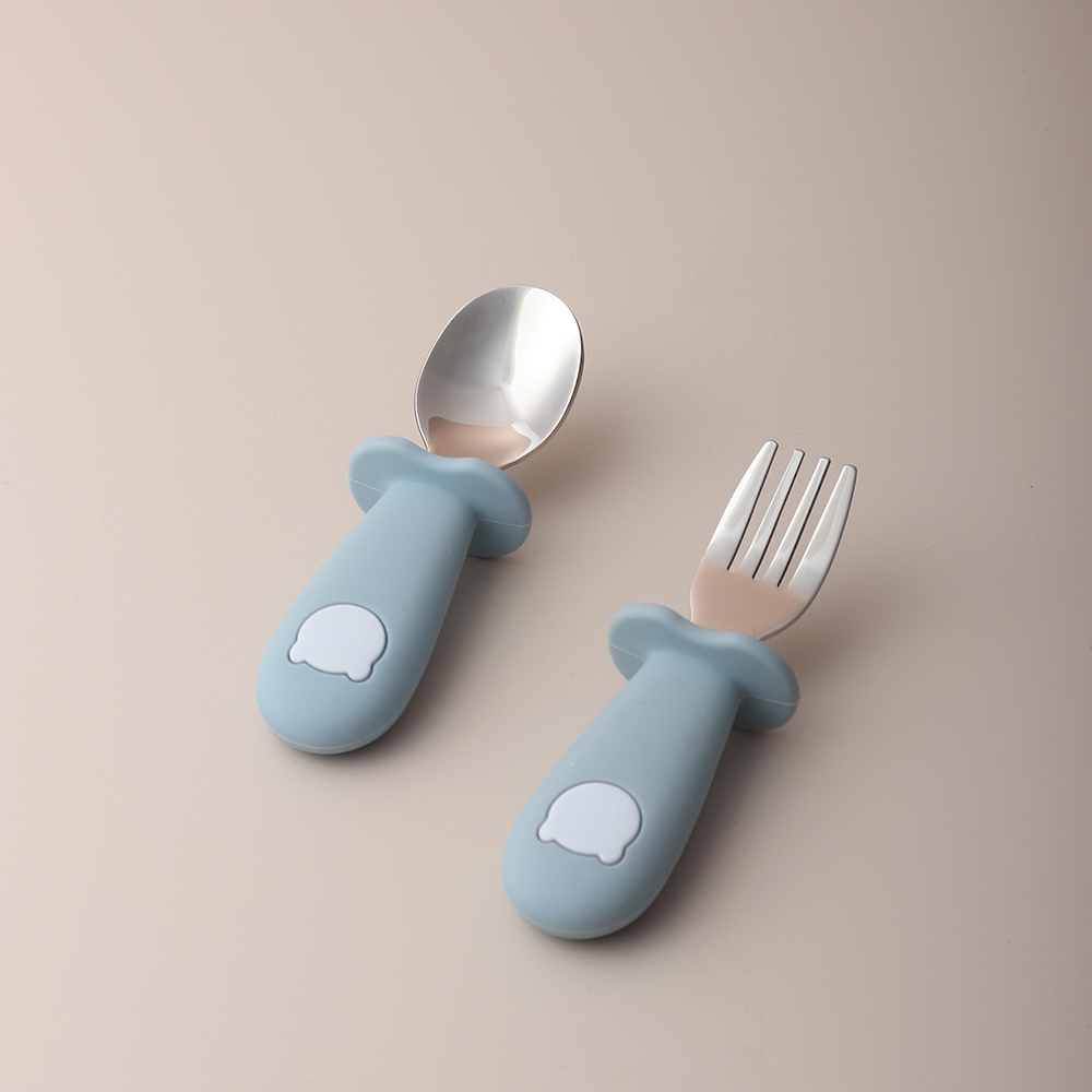 Baby Food Utensils - ベビーパンダ型シリコンスプーンとフォーク ステンレス製ベビー用食器スプーン