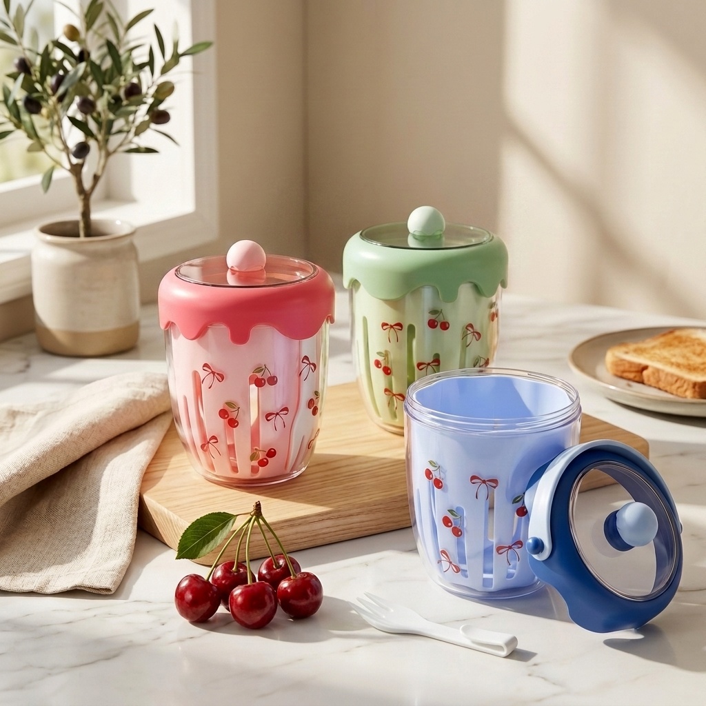 Baby Food Yogurt - 持ち運び可能なプラスチック製サラダオートミール容器、蓋とフォーク付き、フルーツヨーグルトカップ、ストレーナー、子供用弁当箱、学校給食保存容器