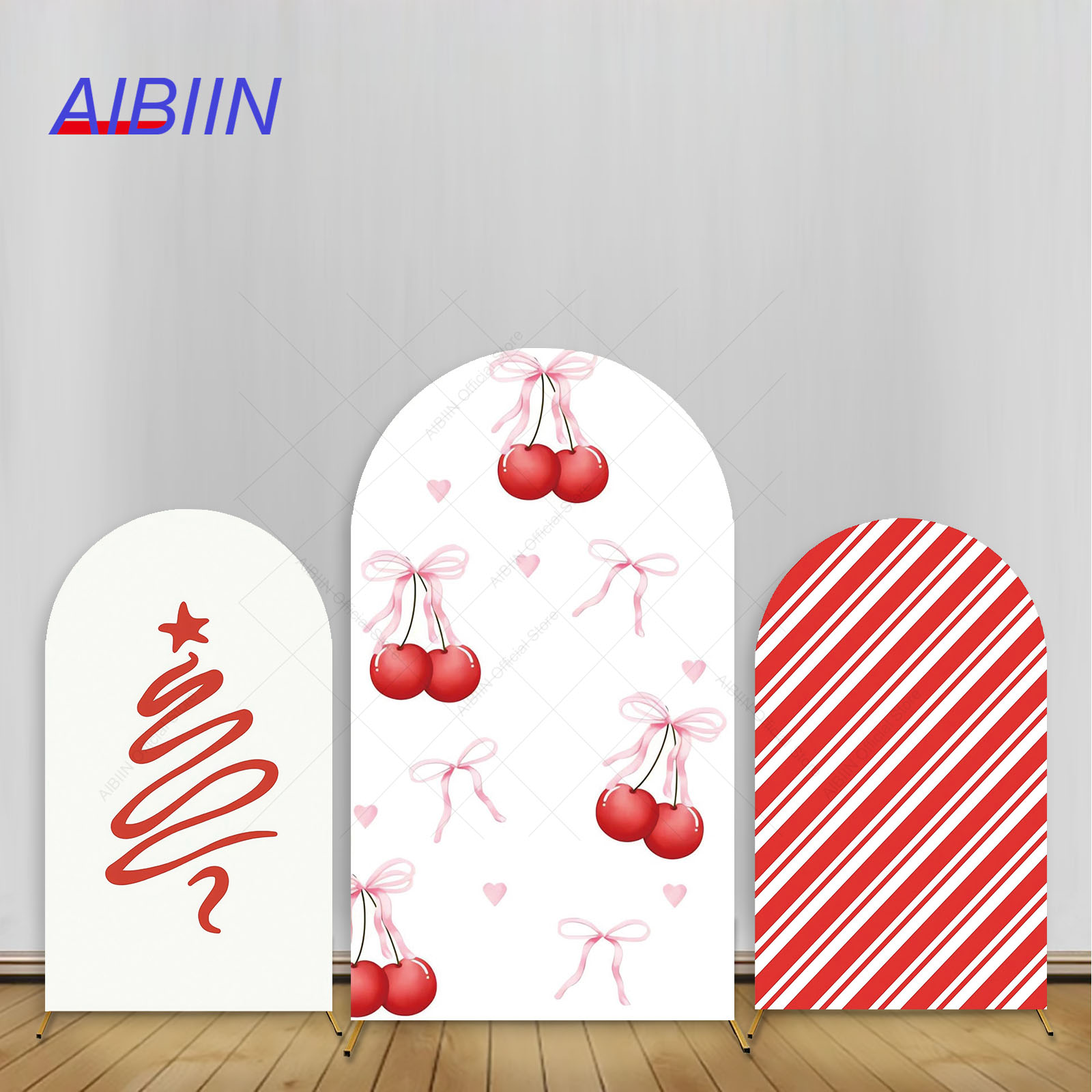 Baby Xmas Food - メリークリスマスの背景アーチカバー、チェリーボウ、フルーツパーティーの装飾、写真の背景、クリスマスキャンディーストライプ、誕生日、ベビーシャワー