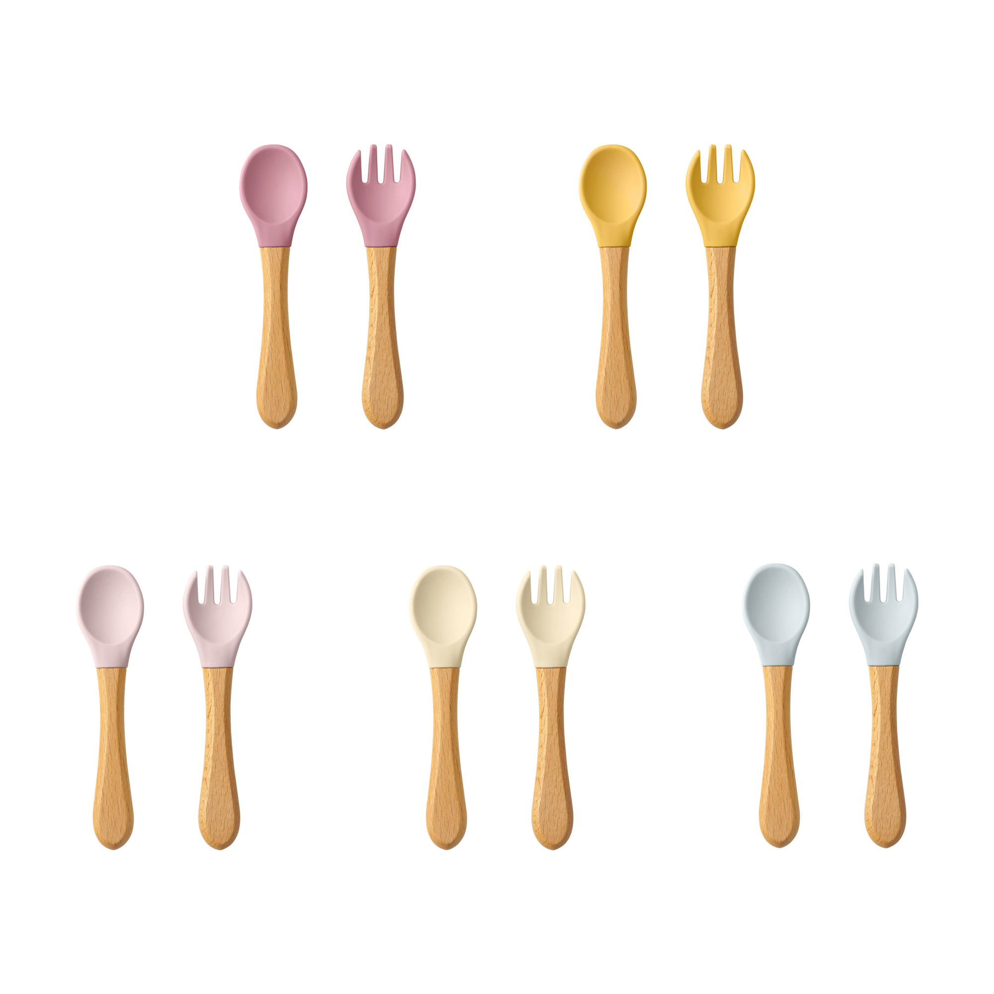 Baby Food Utensils - 2 個ベビー学習スプーン食器セット食品グレードの木製ハンドルシリコーンスプーンフォークカトラリートレーニングスプーン給餌食器
