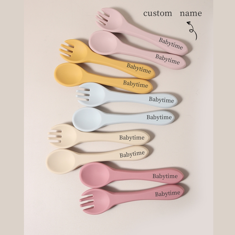 カスタムネーム入りシリコン製スプーンとフォーク1組、食品グレ - Baby Food Utensils のレビューと価格